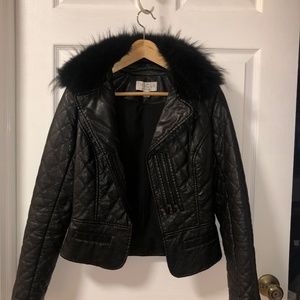 The Cue  Leather Motto Jacket with Fox Fur